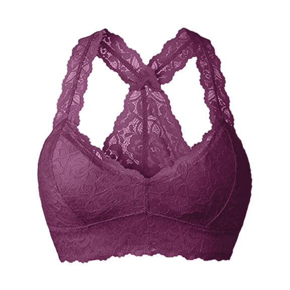 felwors Women's Plus Size Lace Bra Removable Padded Sexy Racerback Breathable Bralette Plus Size Sports Bras (Wine, S)