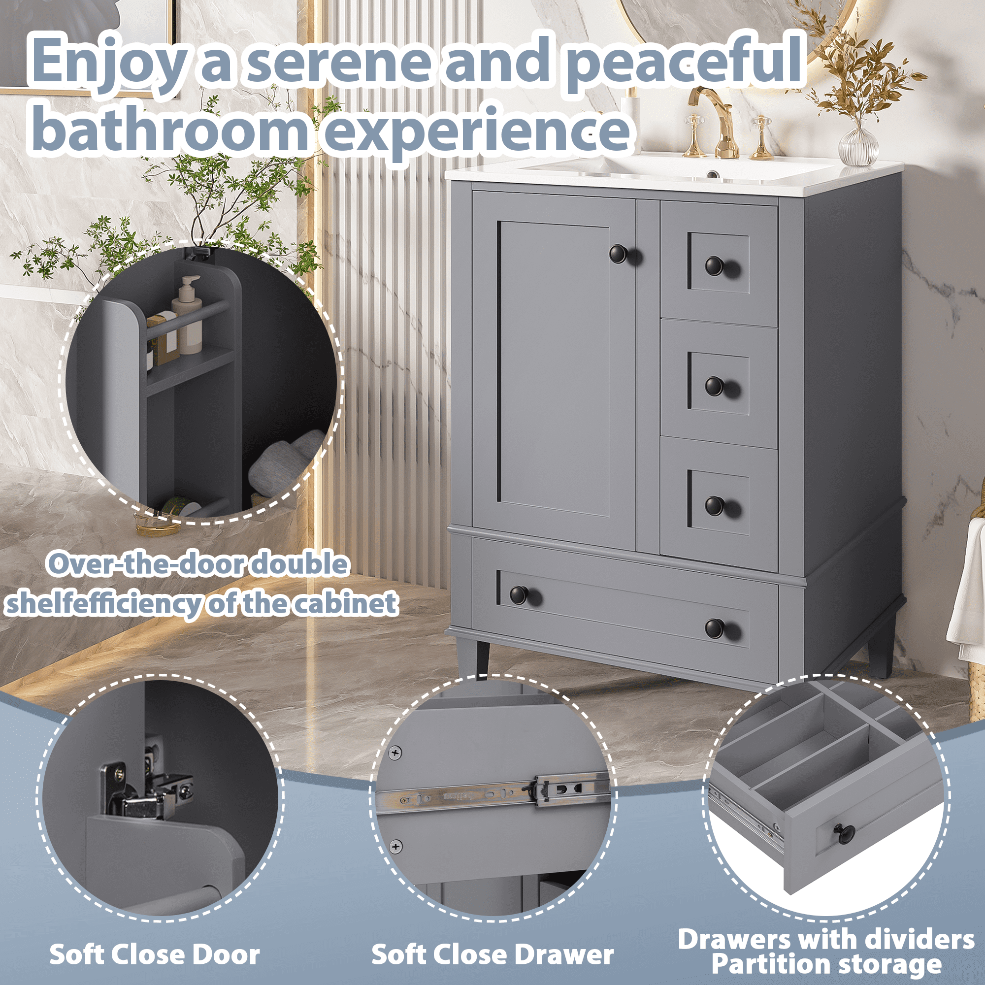 Euroco 24-inch gray bathroom vanity with an integrated ceramic basin, featuring a door-mounted double-layer shelf, soft-close drawers, and a soft-close cabinet door.