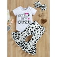 thumbnail image 2 of Genuiskids Newborn Infant Baby Girls Cute Clothes 3Pcs Summer Set Letter Cow Head Print Short Sleeve Romper Milk Cow Skin Pattern Flare Pants Bow Headband, 2 of 9