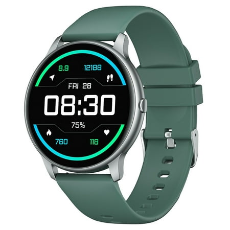YAMAY SW022 Round Smart Watch for Android Samsung iPhone, Full Touchscreen Fitness Tracker with Heart Rate Monitor, Customizable Watch Face, IP68 Waterproof Smart Watch for Women Men, Green Sliver