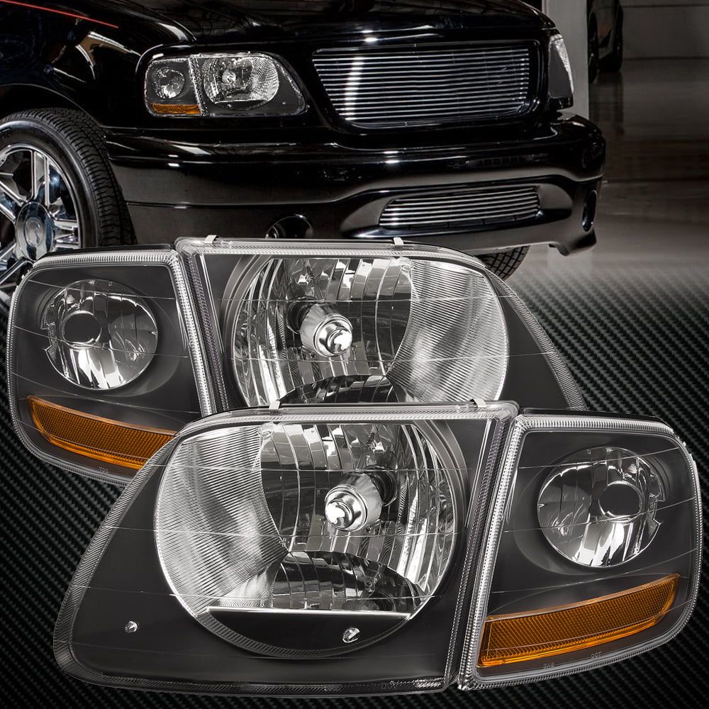 HEADLIGHTSDEPOT Black Housing Halogen Lightning Style Headlights Compatible with Ford Expedition F-150 Includes Left Driver and Right Passenger Side Headlamps Smoked lens 4 Piece Set with Corners 