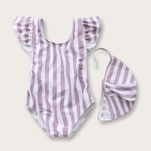 Cowsor Infant Toddler Girls One Piece Swimsuit Stripe Print Flutter Sleeve with Swim Cap Cute Breathable Swimwear for Summer Beach Pool Activities