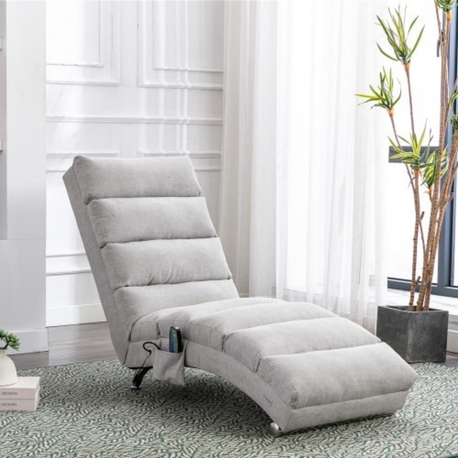 Upholstered Chaise Lounge Chair with Vibration, Modern Fabric Leisure Recliner with Ergonomic Fixed Back, Side Pocket & Lumbar Pillow, 300 lbs Capacity, Light Gray