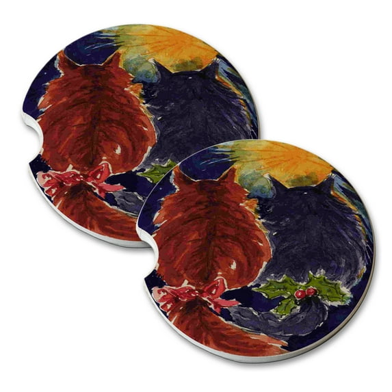 KuzmarK Sandstone Car Drink Coaster (set of 2) - Christmas Maine Coon Kitties Cat Art by Denise Every