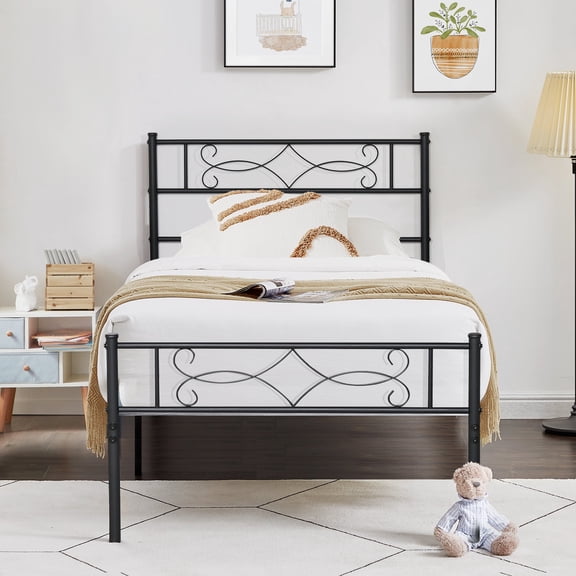 Katkuca Twin Size Metal Platform Bed Frame with Headboard, No Box Spring Needed, Easy Assembly, Black