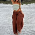 thumbnail image 4 of Women's Casual Pants Womens Elastic Waisted Pleated High Waisted Wide Leg Pants Loose Casual Cotton And Linen Cropped Pants Beach Casual Pants,Brown Women's Casual Pants S, 4 of 4