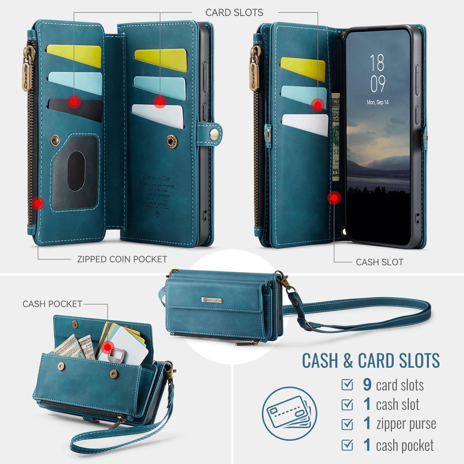 Decase Wallet Case for iPhone 14 Plus,Magnetic Flip Zipper Pocket PU Leather Phone Cover,Crossbody Flip Cover with RFID Card Slots,Green