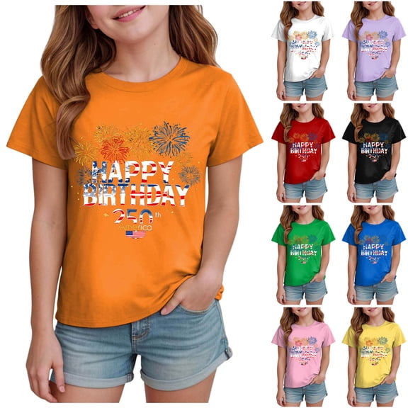 Pandaie Boys Girls USA Shirts Kids 4th of July Happy Birthday T-Shirt Cotton Short Sleeve Tees Tops Patriotic Independence Day Clothes 2-14 Years