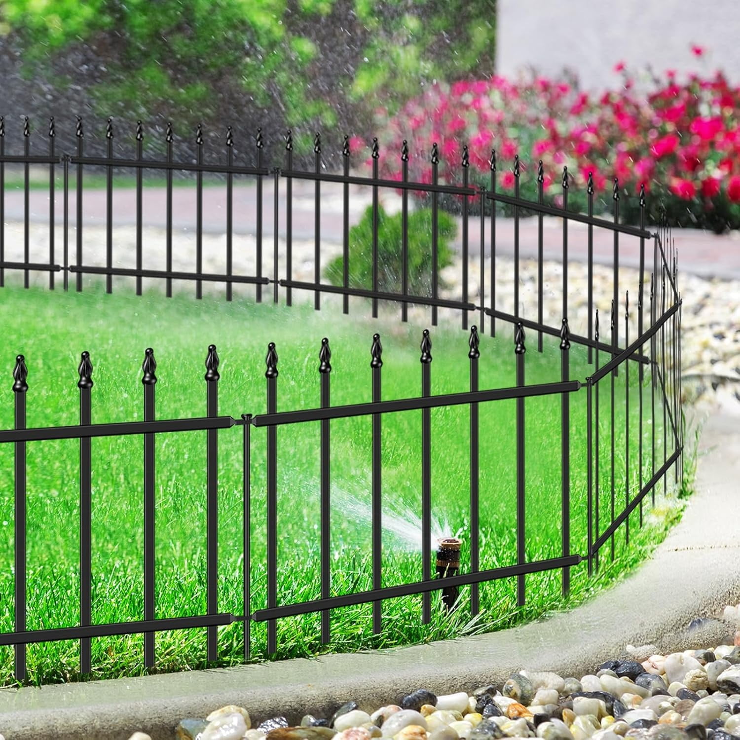 Decorative Metal Garden Fence 18 in H x 10 ft L, Barrier Fencing for Yard Flower Bed Lawn Landscape Outdoor, 5 Panels + 6 Stakes Black