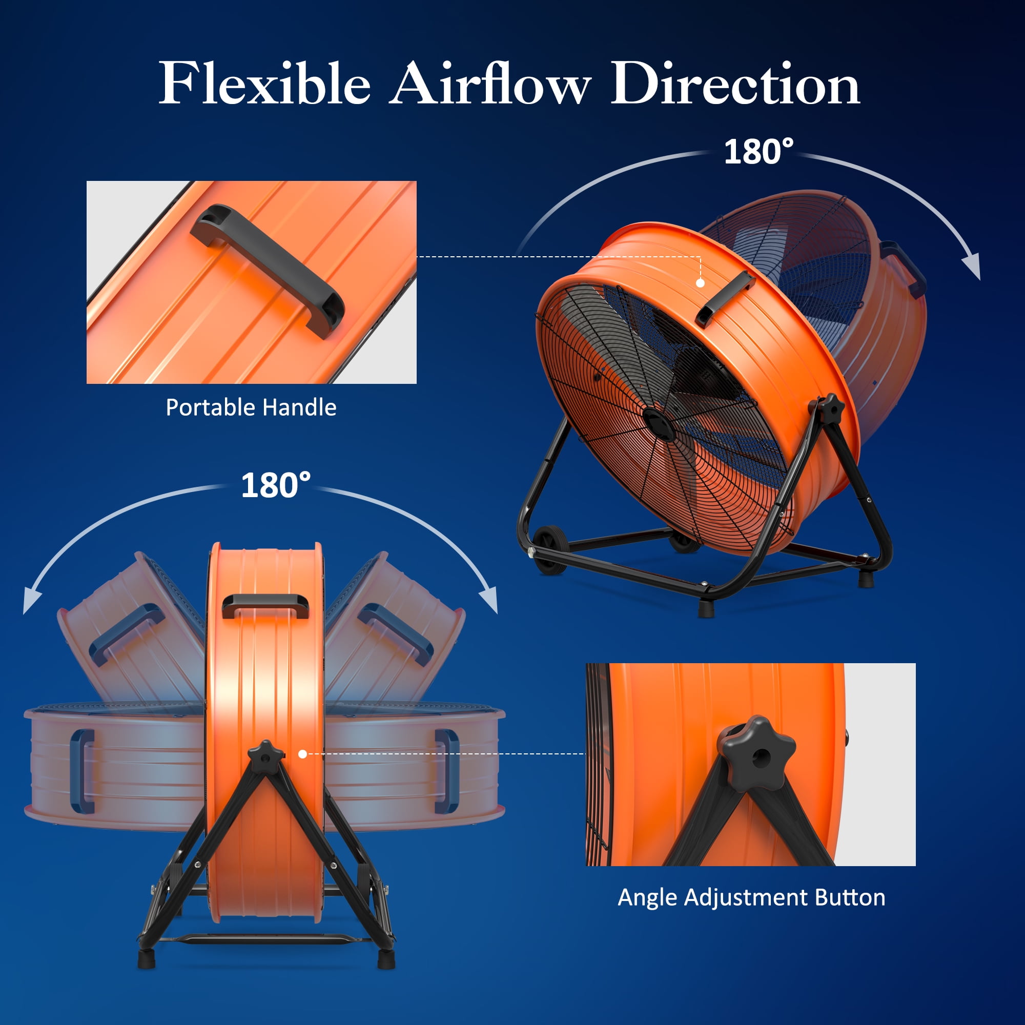 24” Industrial Drum Fan, PRO CHOICE 9260 CFM High Velocity Floor Fan, 3 Speed Air Circulator w/180°Tilt, Orange