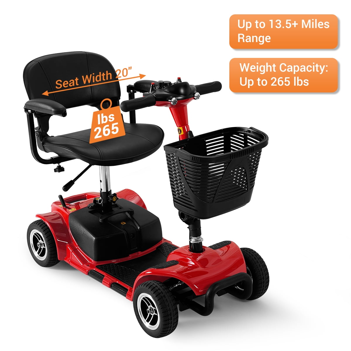 TEKAMON 4 Wheels Mobility Scooter - Portable Folding Power Electric Mobility Scooters for Seniors, Adults, Handicapped, Elderly - Range Extended Battery,Red