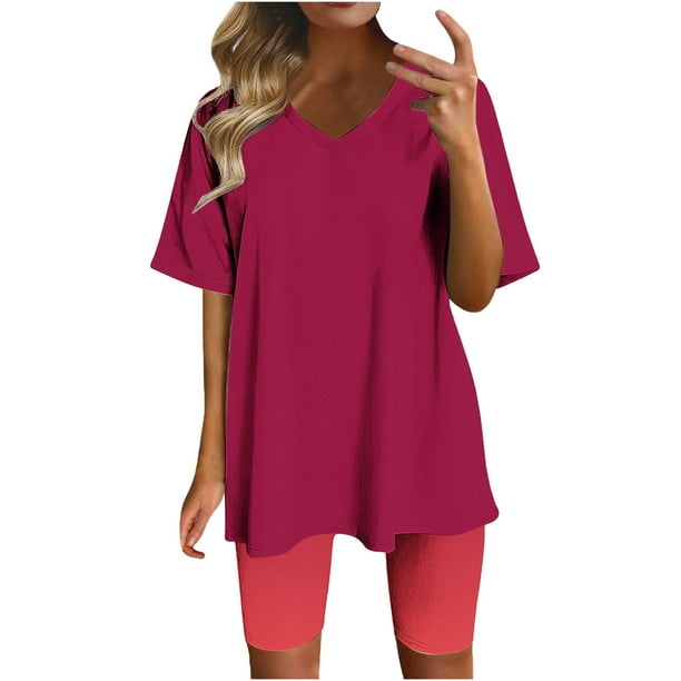 Blusas para las Mujeres Casual Impreso Cuello en V Manga Corta Blusa Pantalones Cortos, Conjuntos de Ropa para las Mujeres