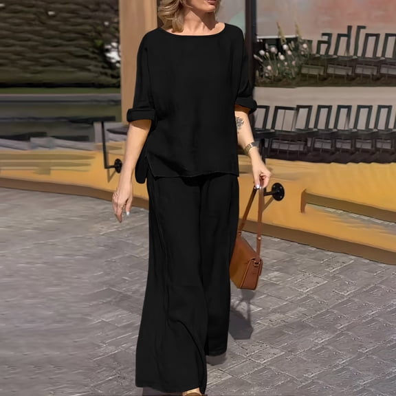 Costeam Womens Short Sleeve Two Piece Linen Cotton Outfit Solid V Neck Top Drawstring Wide Leg Pants Side Pocket High Waist Loose Casual Matching Set Tracksuit