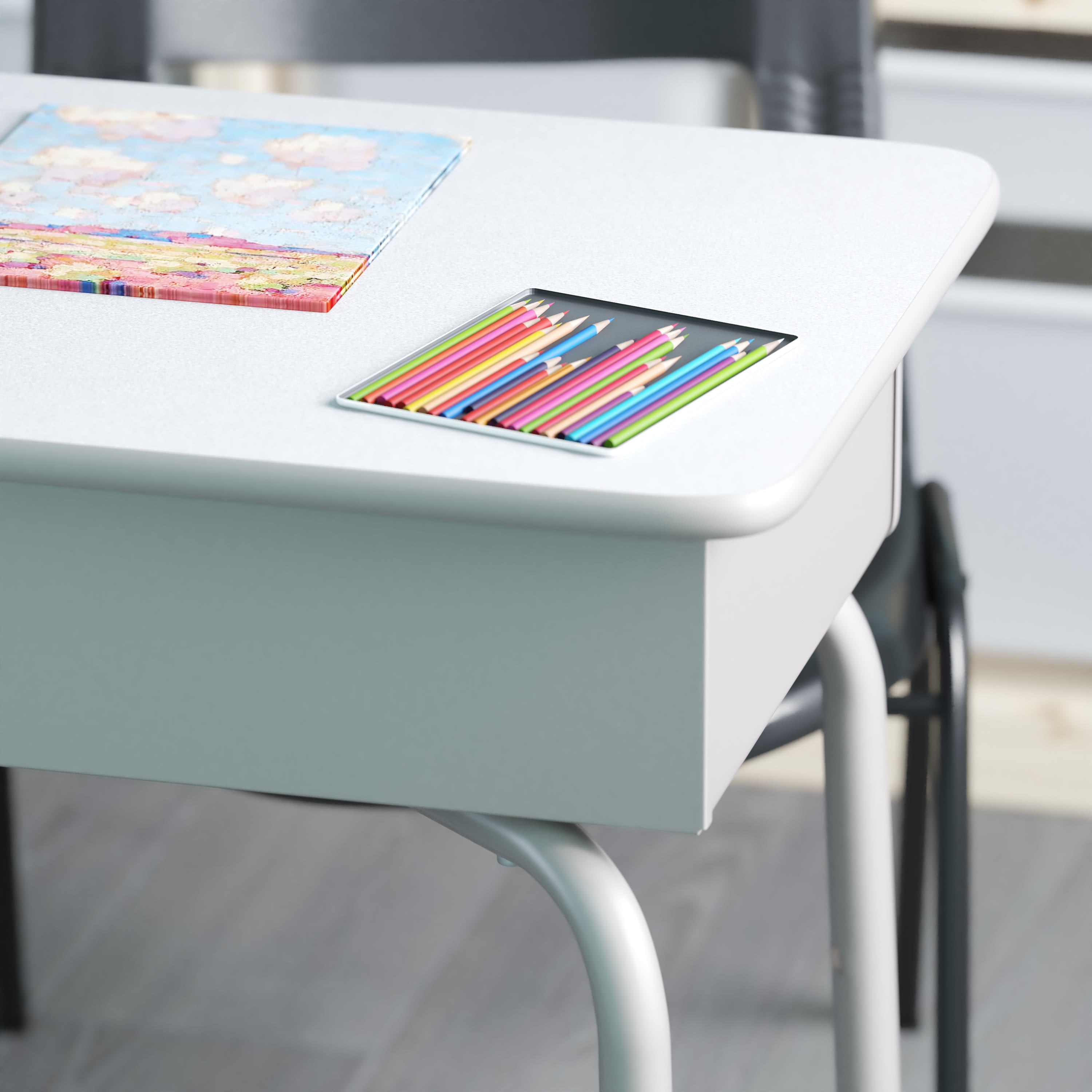 Emma + Oliver Height Adjustable Student Desk with Open Front Metal Book Box, Silver Metal Frame and Gray Granite Finished Desktop