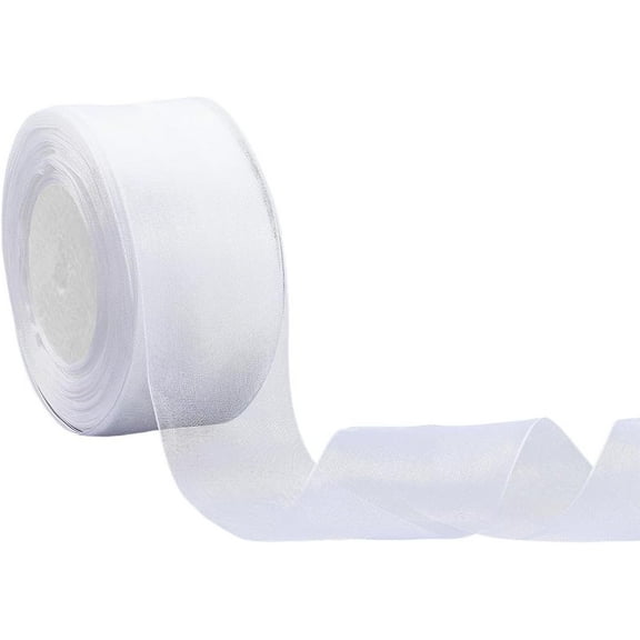 1 Rolls 50 Yards 2 Inch White Organza Ribbon Sheer Thin Chiffon Trim Simple Decorative Tulle with Spool Fabric Ribbons