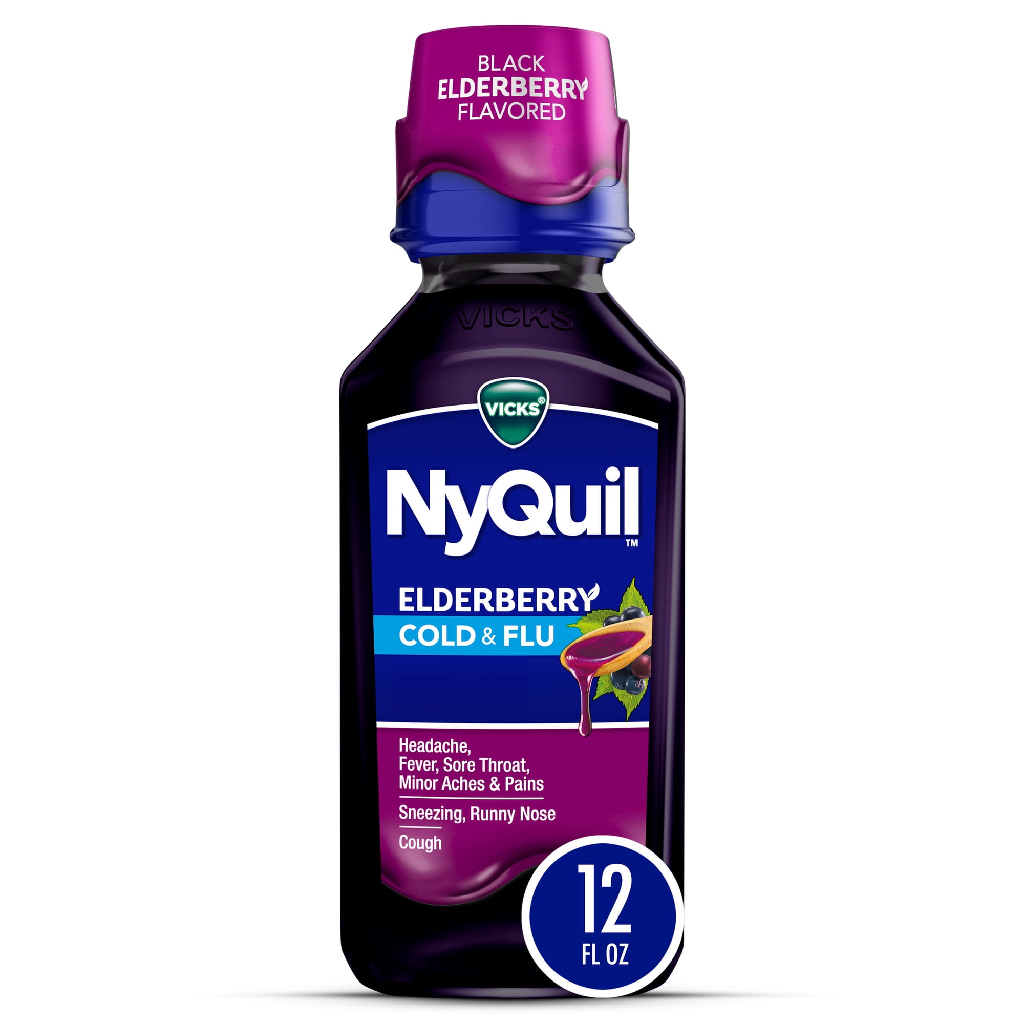 VICKS NyQuil Cold & Flu Medicine, Nighttime Relief, Elderberry Flavor, 12 fl oz