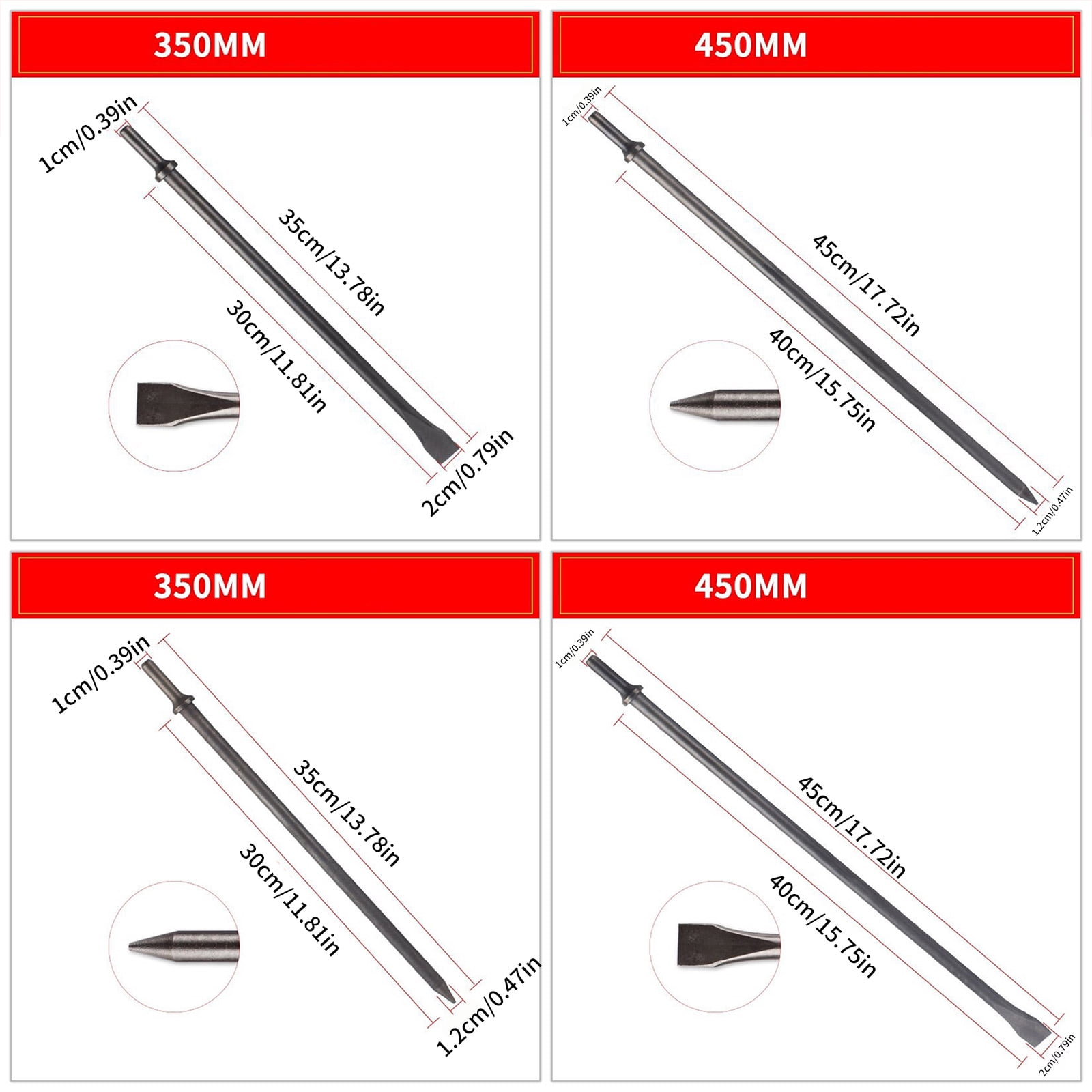 4Pcs Pneumatic Air Hammer Bit Solid Hard Steel Air Chisels Bit Pneumatic Impacts Head Set for Rusts Removal