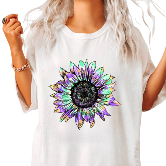 UNISHE Womens Tie Dye Sunflower Graphic Short Sleeve Crewneck T-Shirt S-5XL White Tops