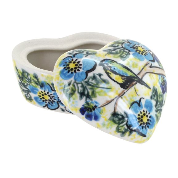 Blue Rose Polish Pottery Bluebird Garden Small Heart Box