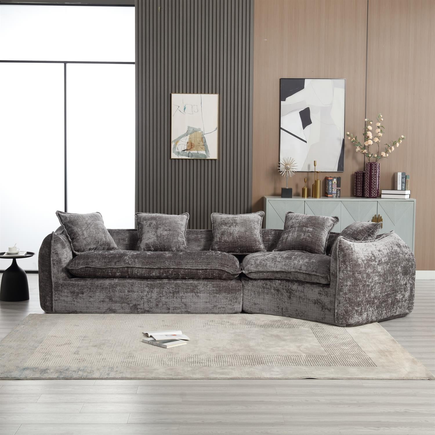 Demi Bonn 125" Modern Modular U-Shaped Sectional Sofa, Spacious 5-Seat Chenille Fabric Couch with Plush Pillows for Living Room, Minimalist Cloud-Style, Gray