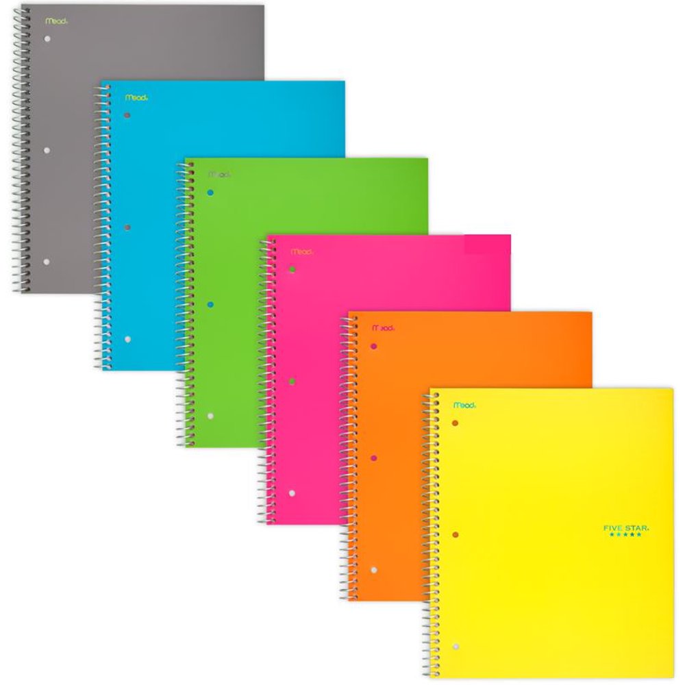 Five Star Notebook, 3 Subject, Wide Ruled, 6 Pack, Assorted (73449
