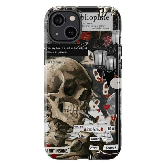 Dark Skeleton Collage Phone Case, Artistic Gothic Skull & Vintage Text Design, Moody Edgy Protective Cover for iPhone 16 15 14 13 12 11 Pro Max Plus Mini