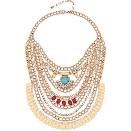 Acrylic Gold Necklace - Acrylic Turquoise, Red and Yellow Gemstones Layered Imitation Gold Statement Necklace