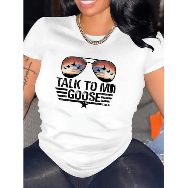 Camiseta De Mujer De Verano Suave Y Ligera Básica Para Llevar Deportes1pc Women'S Fashion Casual Crew Neck T-Shirt with Airplane Glasses Print, Polyester Knit Fabric, Medium Stretch, All-Season Comf
