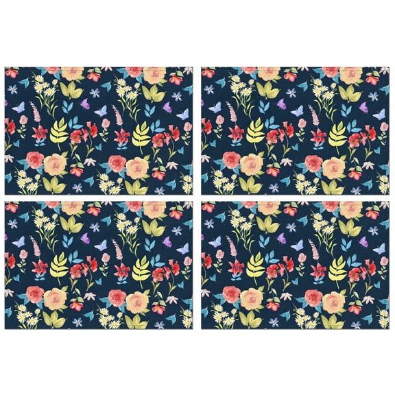 Pioneer Flower Floral Print Pattern Summer Placemats Table Placemats Set Of 4-Linen Kitchen Washable Placemats Table Mats 12x18 Inch Non-Slip Heat Resistant