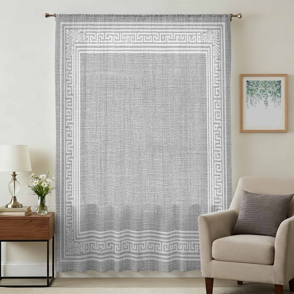 Grey Retro Greek Key Sheer Curtains 72 Inches Long, Geometric Greece Ancient Rustic Light Filering Curtains, Breathable Simi Curtain Privacy Drapes for Living Room Bedroom Window Treatment