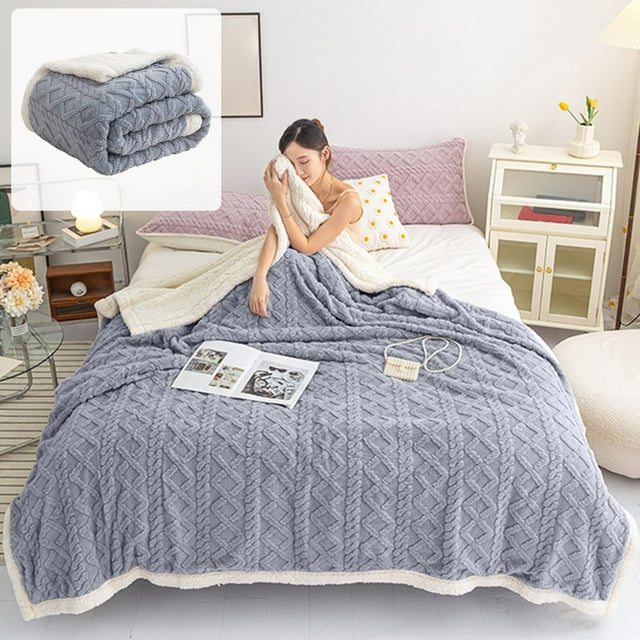 Fleece Blanket, Double-Layer Soft Lambswool Office Nap Blanket, Taffeta Fleece Thickened Warm Throw Machine Washable Fade-Resistant, Blue