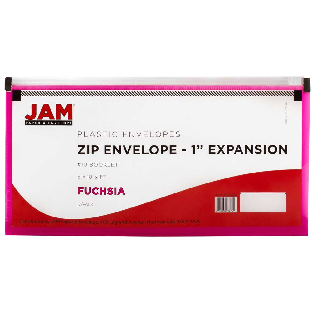 JAM Paper Plastic Envelopes with Zip Closure, #10 Booklet Wallet, 5 x 10, Fuchsia Pink, 3/pack
