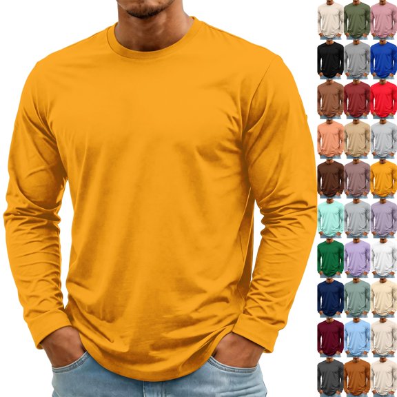 Men's Long Sleeve Tee Shirts Crewneck Curved Hem Plain Tee Moisture Wicking Casual T-Shirts Solid Color Saffron M