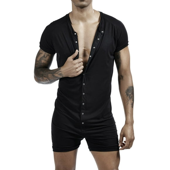 Men's Spring Short Sleeve Solid Color Button Jumpsuit - Lightweight Polyester Casual Romper