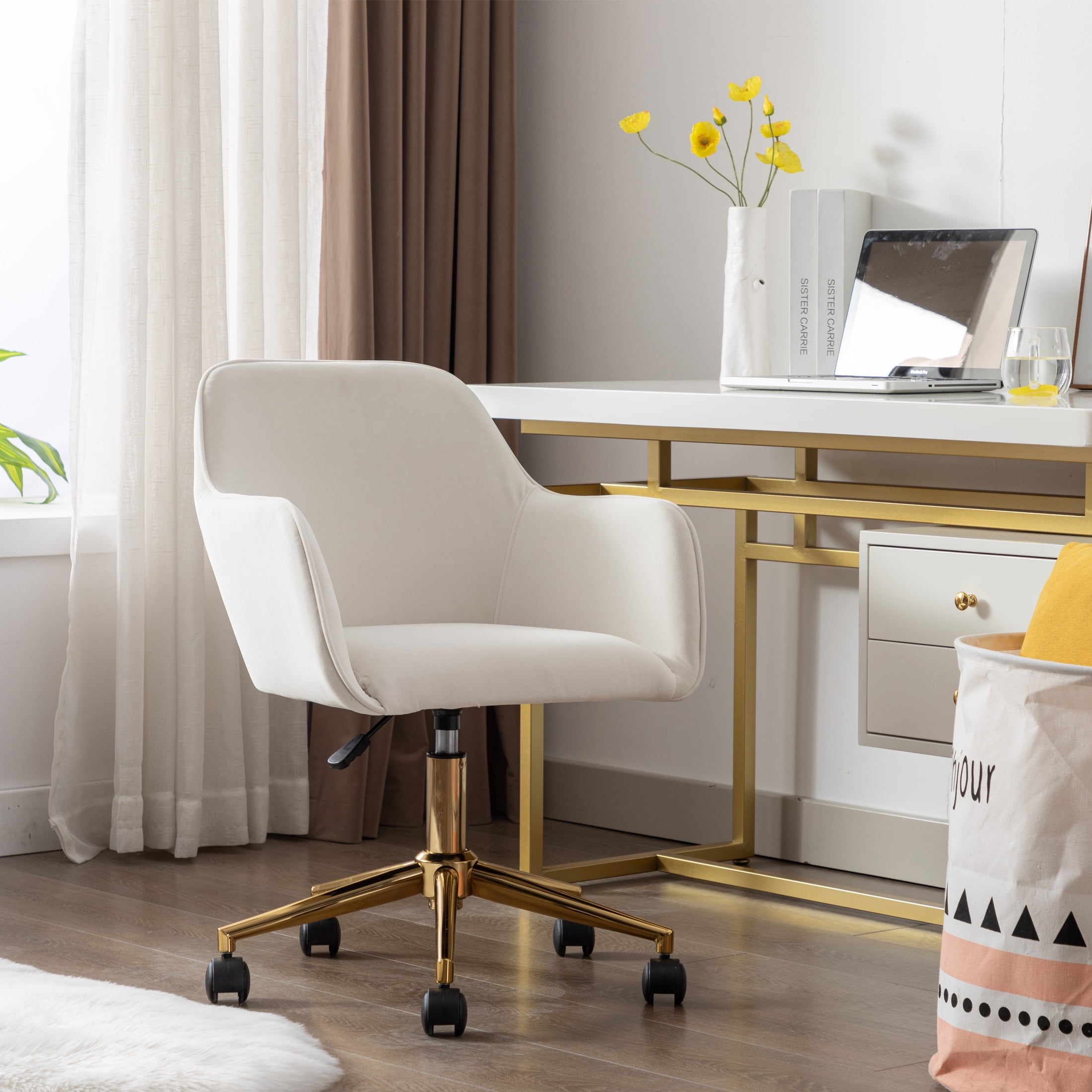 PORKISS Modern Velvet Office Chair with Wheels and Gold Metal Legs Height Adjustable 360° Swivel, Ivory White