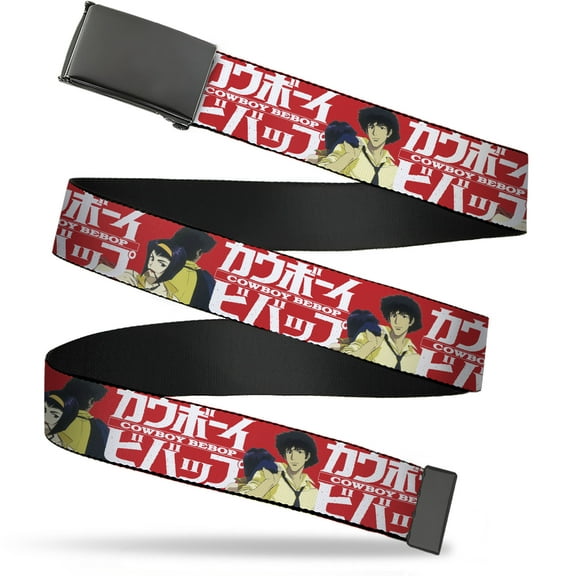 Adjustable Belt, Clamp Buckle, Cut-to-Fit, Cowboy Bebop Spike and Faye Back to Back and Logo Red White