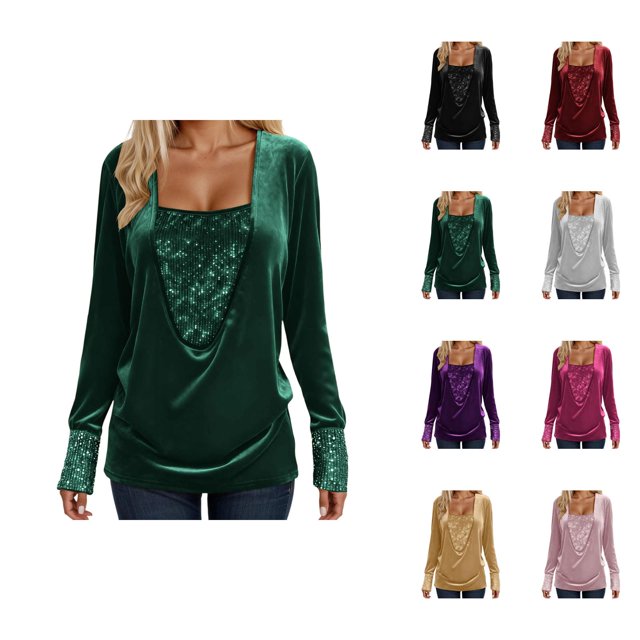 Womens Sparkle Top 2026 Spring Fashion Y2K Long Sleeve V Neck Loose Velvet Sequin Patchwork T Shirts Rave Outfits