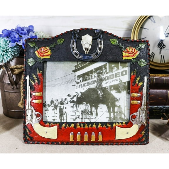 Rustic Western Cowboy Dual Revolvers Horseshoe Cow Skull Photo Frame 5"X7"