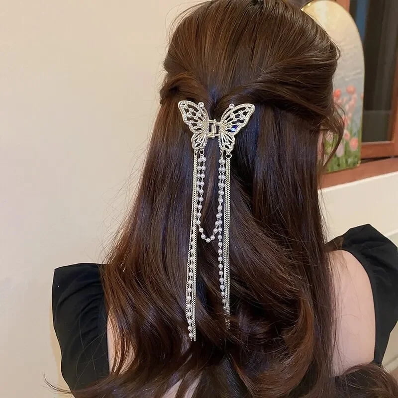 Butterfly Hair Clip With Long Tassel Hair Accessories For Women Elegant lmitationPearl Rhinestone Shark Hairpins Jewelry
