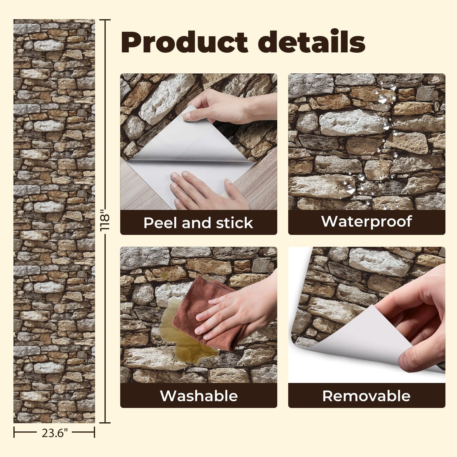 Boho Peel and Stick Wallpaper Natural Stone Wall Texture Neutral Earth Tones Contact Paper 23.6in x 9.8ft Wallpaper Removable Self Adhesive Wall Paper for Bedroom Nursery