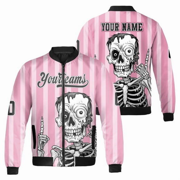 Pink Striped Bomber Jacket with Unique Skeleton Graphic Design – Lightweight Casual Streetwear for Men and Women, Perfect for Spring and Halloween