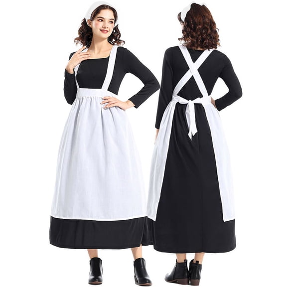 BRGZLK Women Maid Dresses Stylish Long Sleeve Soft Lightweight Comfy Renaissance Medieval Peasant Apron Dress for Halloween Cosplay Party 2026 Black XL