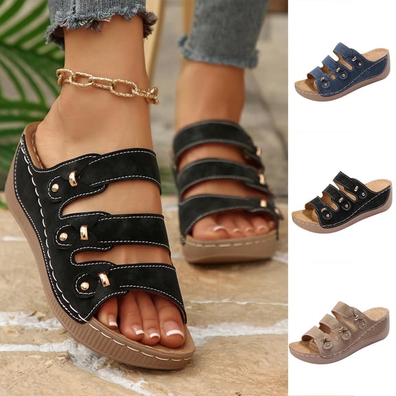 Rvasteizo Womens Wedge Shoes Solid Thick Sole Open Toe Pull-On Summer Lightweight