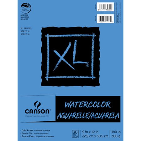Canson XL Watercolor Art Pad, 9" x 12" Natural White Paper, 30 Fold Over Sheets