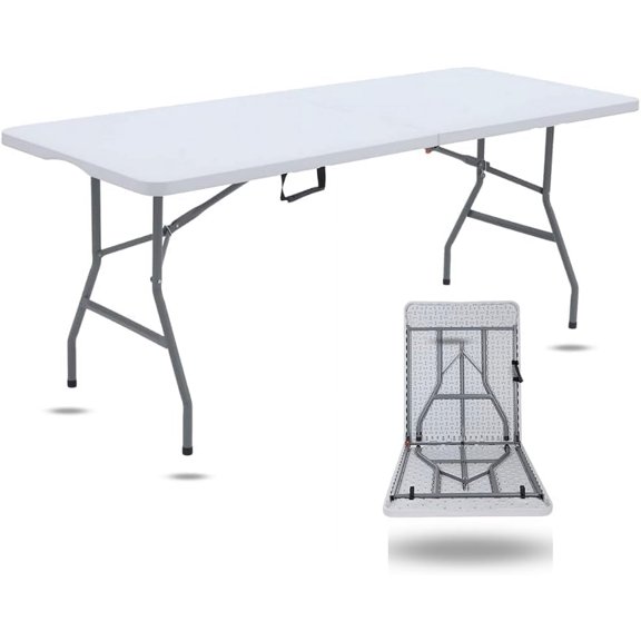 6ft Plastic Folding Table, Fold-in-Half Portable Utility Table Heavy Duty Portable w/Handle, for Indoor Outdoor,Picnic, Party, & Camping (White, 6ft)