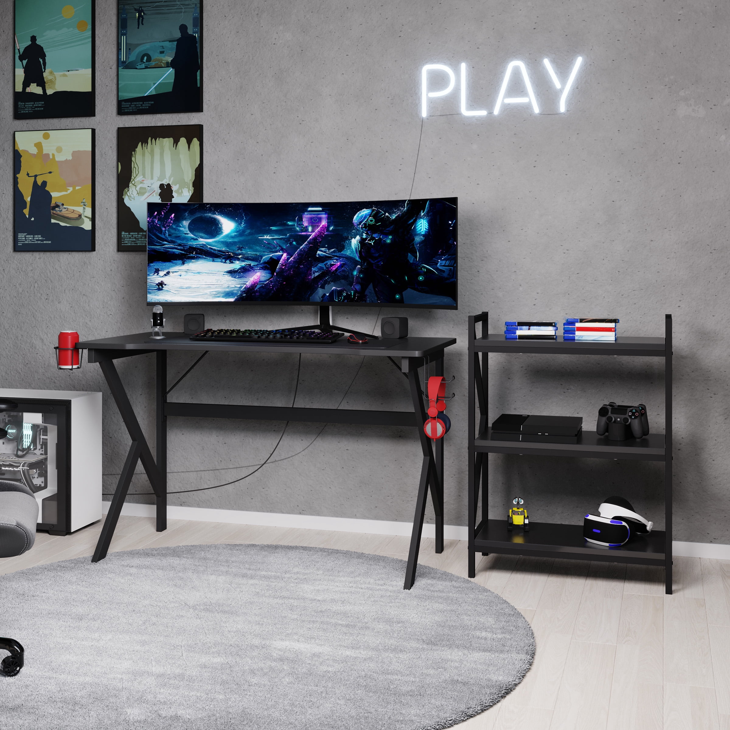 Lavish Home Book Shelf - 3 Shelf Bookcase with Carbon Fiber Textured Finish and K-Shaped Legs - Bookshelves Pair with Gaming Desks, Black