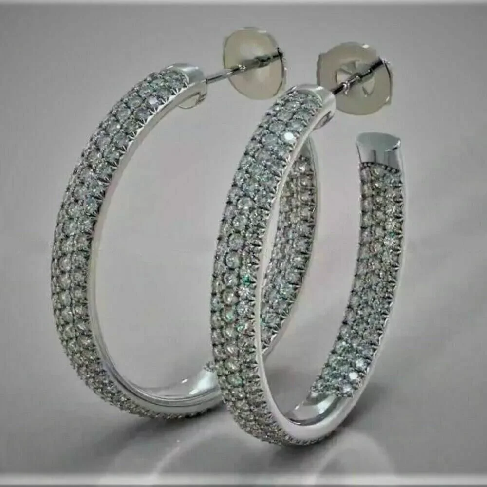 2 Ct Round Cut Cubic Zirconia Inside Out Hoop Earrings, 14K White Gold Plated Sterling Silver