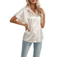 thumbnail image 3 of Fangasis Women Satin Silk Shirt Short Sleeve Shirts Lapel Neck Tops Ladies Loose Blouse Elegant Work Champagne 2XL, 3 of 6