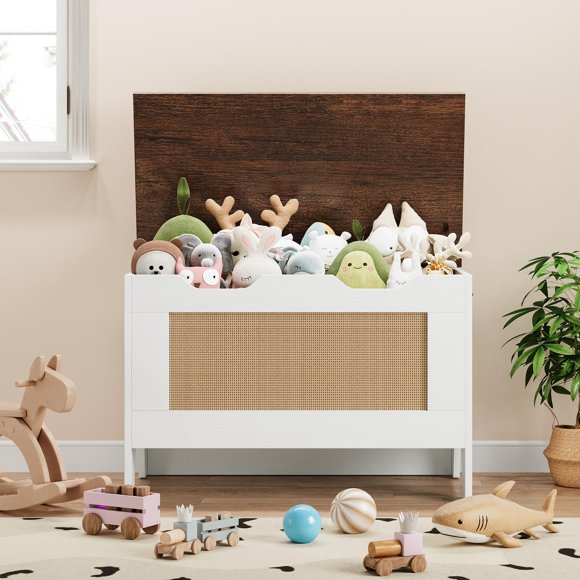 Versatile Storage Bench – 39.4" Wood Chest with Lid & Safety Hinge, Farmhouse Organizer for Blankets, Toys, Shoes – Entryway, Living Room, Bedroom – Greige/White/Rustic Brown