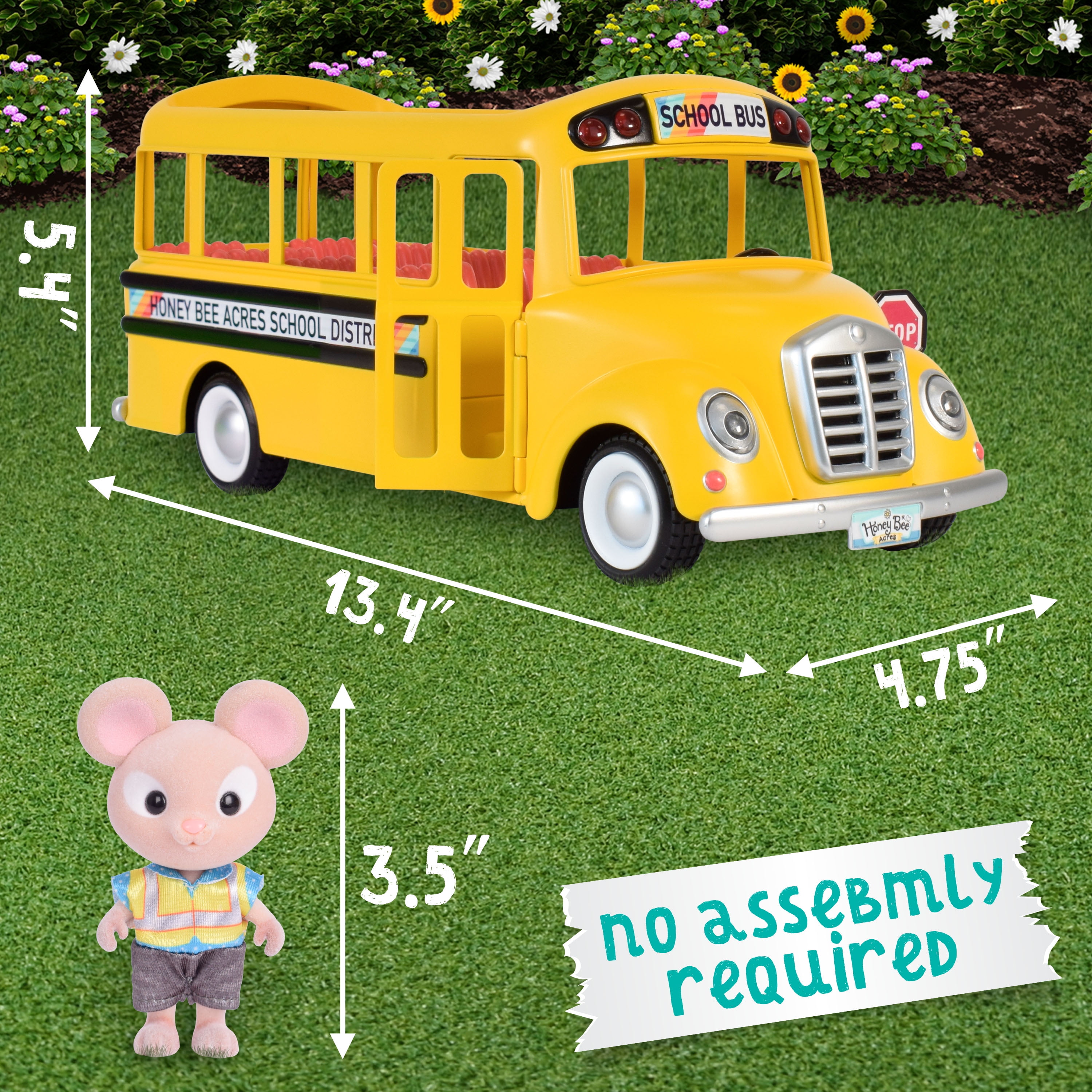 Honey Bee Acres Sunshine School Bus – Vehicle Toy with Lights & Sounds, Opening Doors, and Mouse Figure – Pretend Play Dolls for Kids Ages 3+